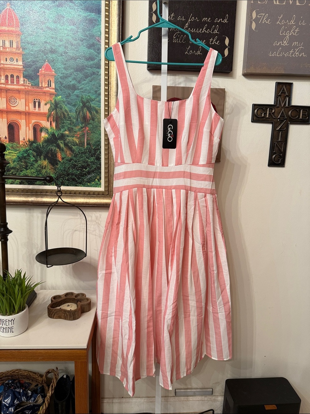 GGO Pink and White Striped Midi Sundress